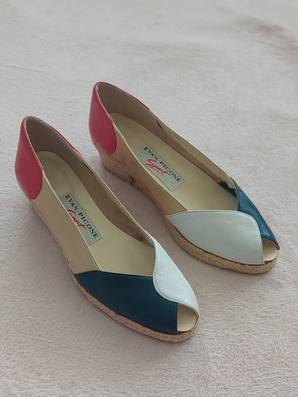 EVAN PICONE SPORT Peep-Toe Espadrille Wedges in Colors Navy, Gold, White & Red